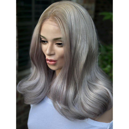 STORMI Cloudy Grey Hints of Misty Purple Fog Balayage Wig, Blonde Lace Front, 13x6 Hand-Tied, Human Hair Blend