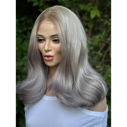 STORMI Cloudy Grey Hints of Misty Purple Fog Balayage Wig, Blonde Lace Front, 13x6 Hand-Tied, Human Hair Blend