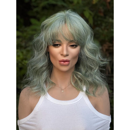 Aquamarine Blue Human Hair Blend Lace Front Wig Wavy Hair with Bangs