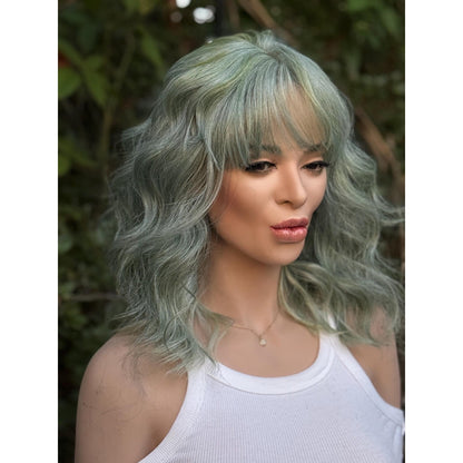 Aquamarine Blue Human Hair Blend Lace Front Wig Wavy Hair with Bangs