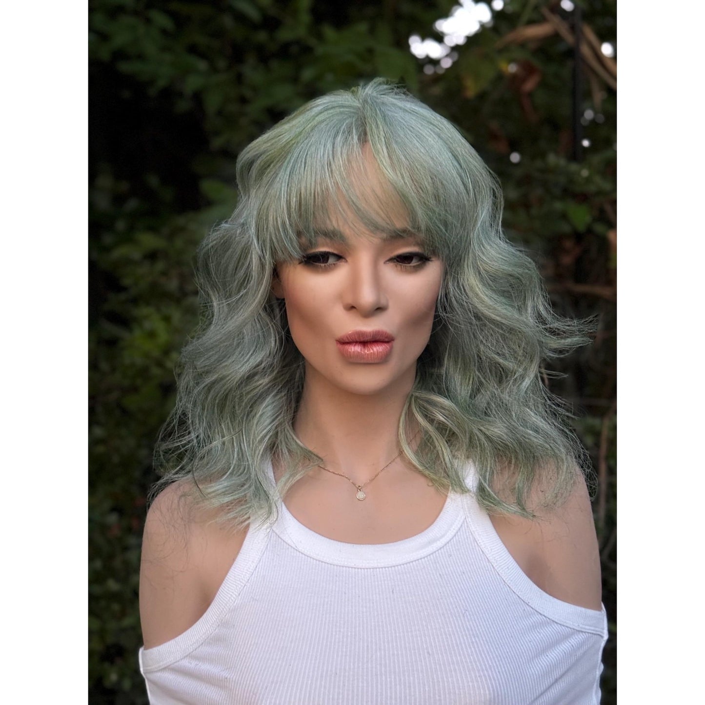 Aquamarine Blue Human Hair Blend Lace Front Wig Wavy Hair with Bangs