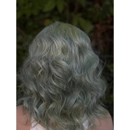 Aquamarine Blue Human Hair Blend Lace Front Wig Wavy Hair with Bangs