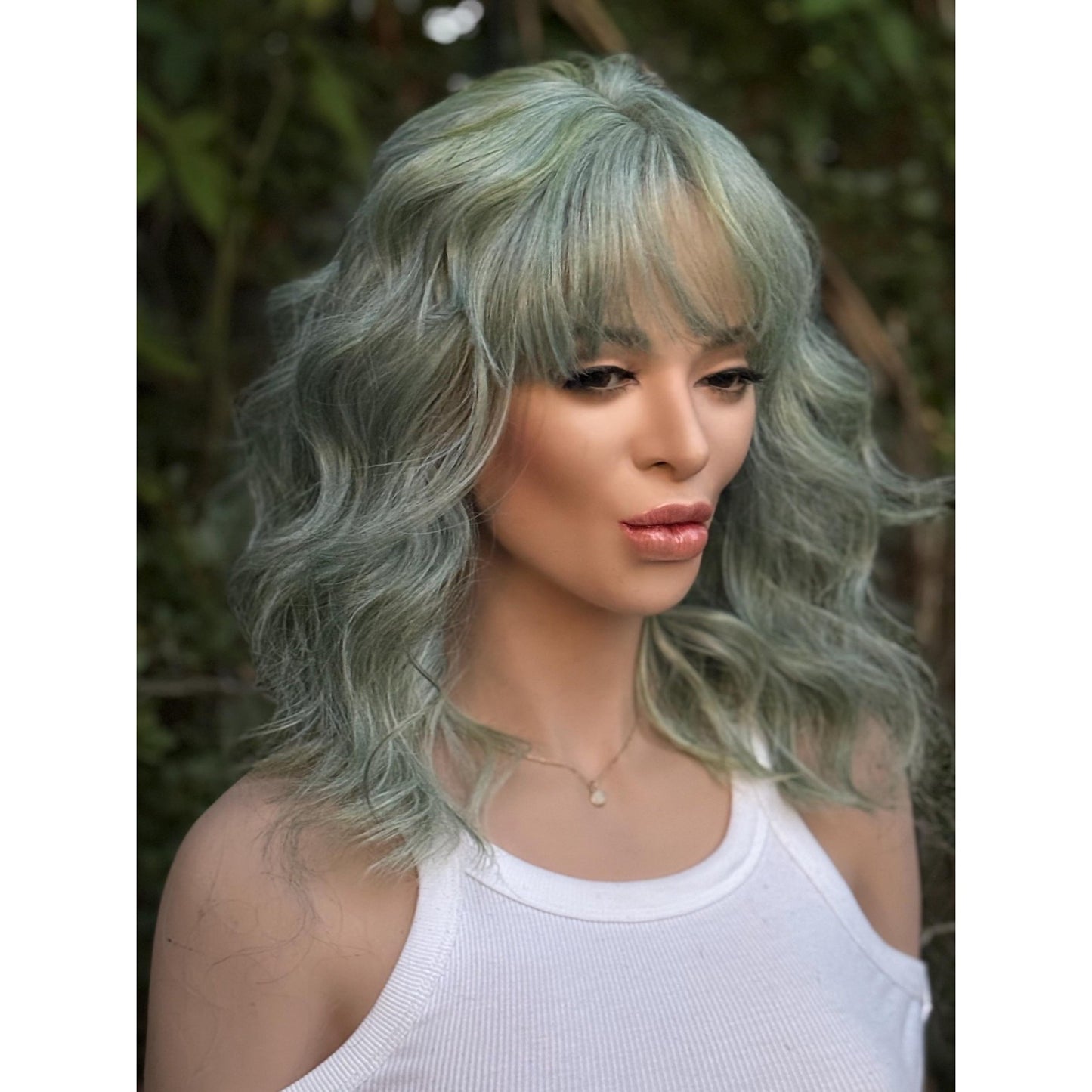 Aquamarine Blue Human Hair Blend Lace Front Wig Wavy Hair with Bangs