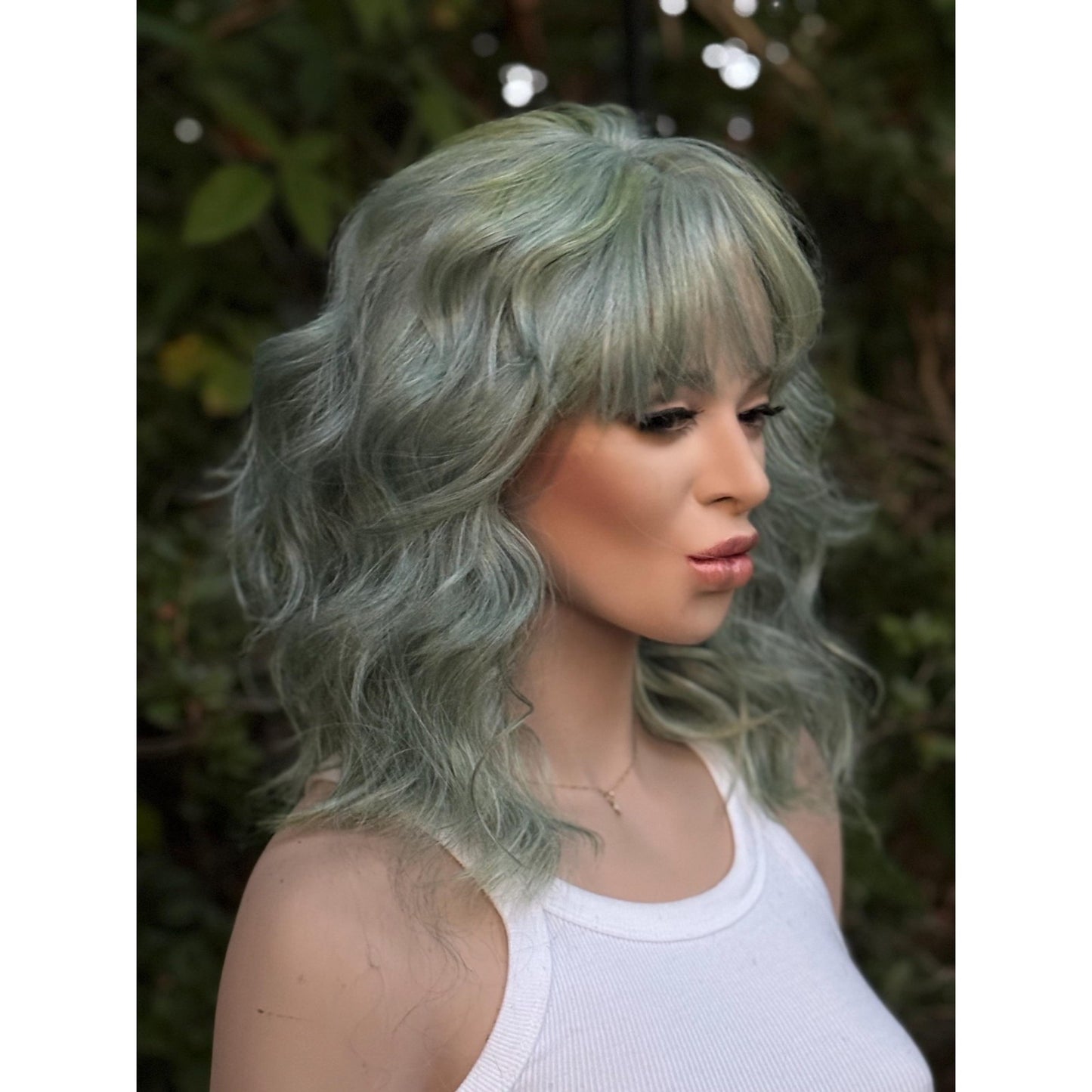 Aquamarine Blue Human Hair Blend Lace Front Wig Wavy Hair with Bangs