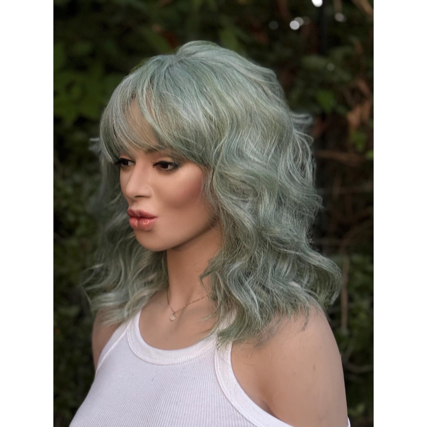 Aquamarine Blue Human Hair Blend Lace Front Wig Wavy Hair with Bangs
