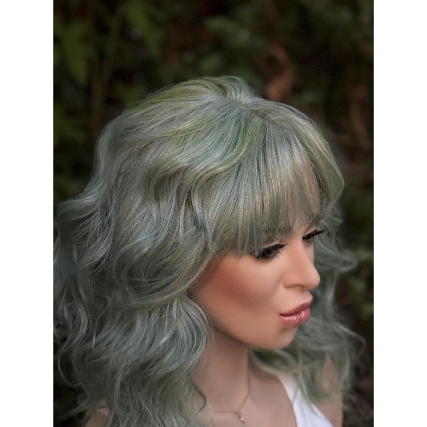 Aquamarine Blue Human Hair Blend Lace Front Wig Wavy Hair with Bangs