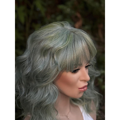 Aquamarine Blue Human Hair Blend Lace Front Wig Wavy Hair with Bangs