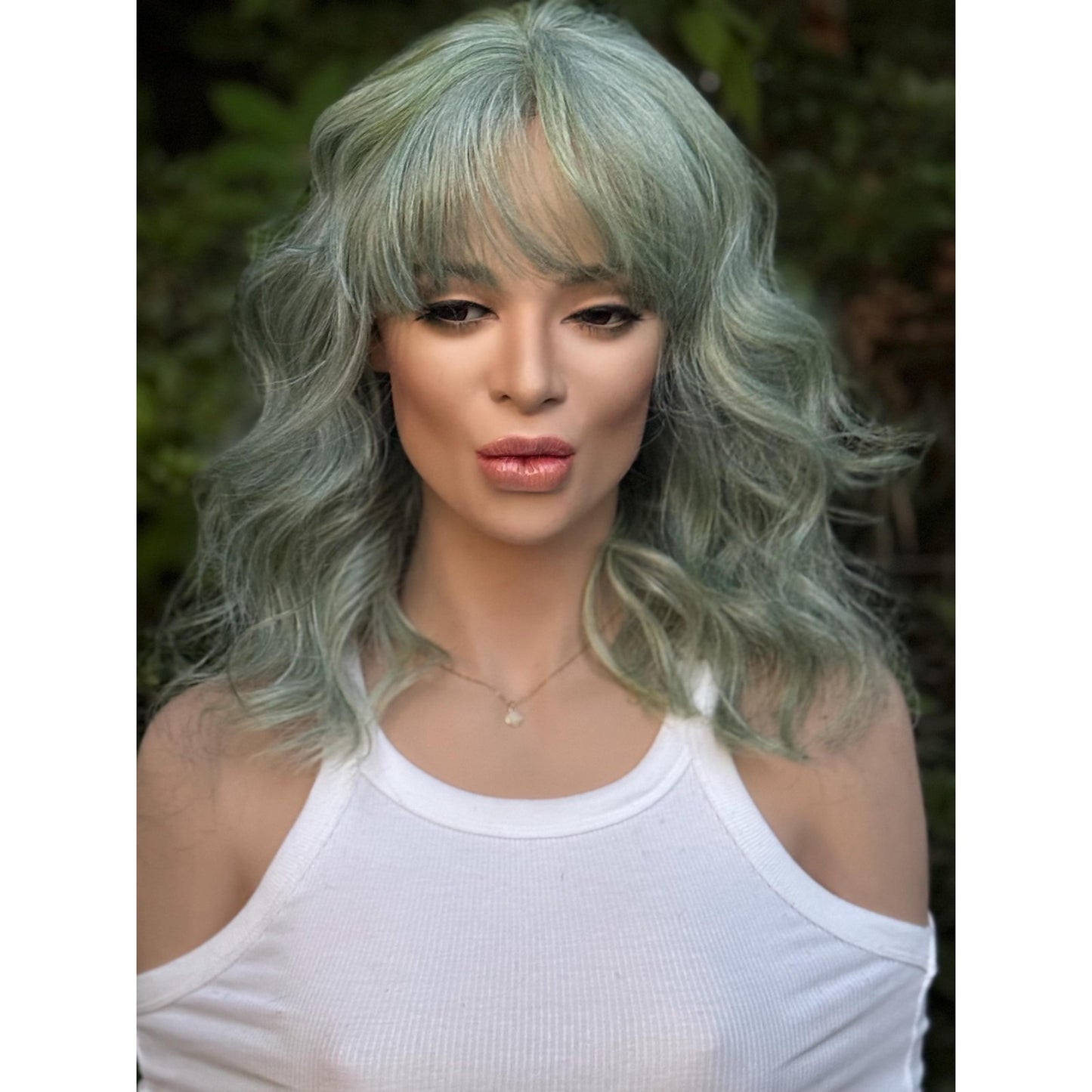 Aquamarine Blue Human Hair Blend Lace Front Wig Wavy Hair with Bangs