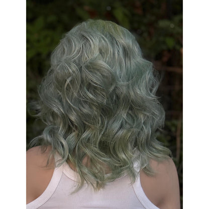 Aquamarine Blue Human Hair Blend Lace Front Wig Wavy Hair with Bangs