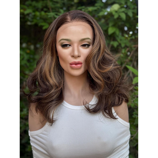 CLAIRE MARIE Honey Brown Balayage Wavy Lace Front Wig – 16" Human Hair Blend (13x4 Free Part)