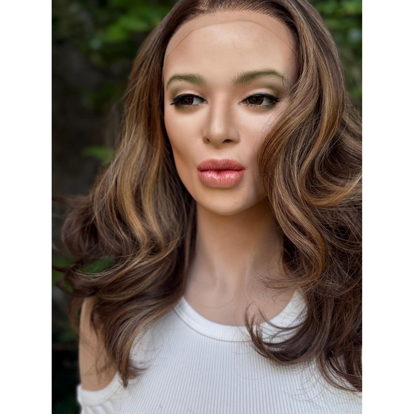 CLAIRE MARIE Honey Brown Balayage Wavy Lace Front Wig – 16" Human Hair Blend (13x4 Free Part)