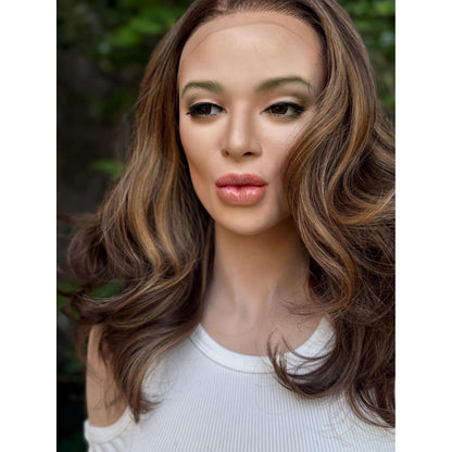 CLAIRE MARIE Honey Brown Balayage Wavy Lace Front Wig – 16" Human Hair Blend (13x4 Free Part)