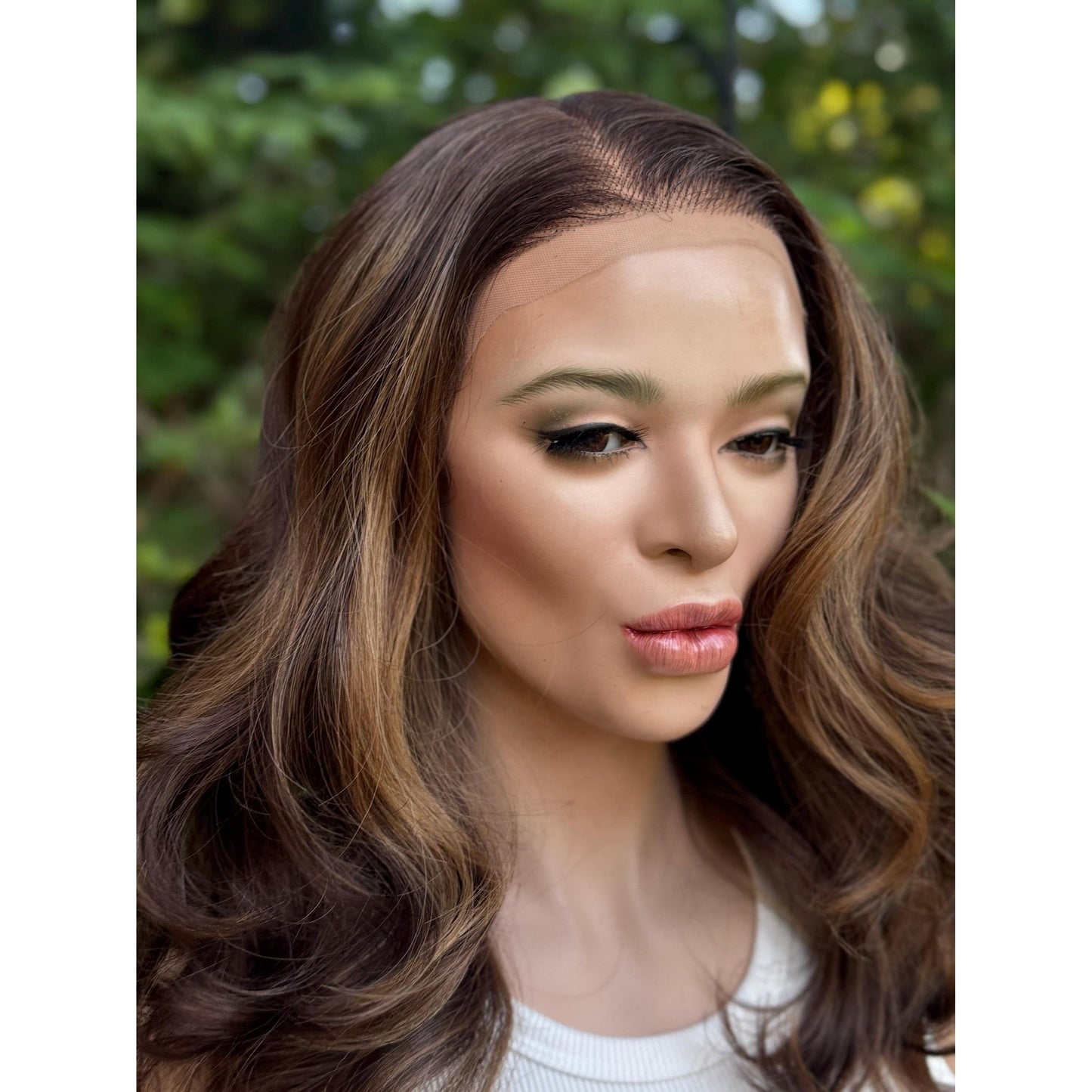 CLAIRE MARIE Honey Brown Balayage Wavy Lace Front Wig – 16" Human Hair Blend (13x4 Free Part)