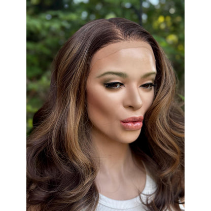 CLAIRE MARIE Honey Brown Balayage Wavy Lace Front Wig – 16" Human Hair Blend (13x4 Free Part)