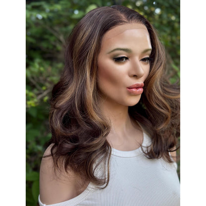 CLAIRE MARIE Honey Brown Balayage Wavy Lace Front Wig – 16" Human Hair Blend (13x4 Free Part)