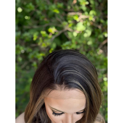 STEVIE Brown Champagne Blonde Balayage Side Part Soft Curls Wig | Premium Human Hair Blend Wig | 13x4 Free Part HD Invisible Lace Front Wig