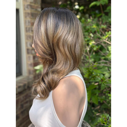 STEVIE Brown Champagne Blonde Balayage Side Part Soft Curls Wig | Premium Human Hair Blend Wig | 13x4 Free Part HD Invisible Lace Front Wig