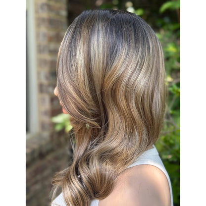STEVIE Brown Champagne Blonde Balayage Side Part Soft Curls Wig | Premium Human Hair Blend Wig | 13x4 Free Part HD Invisible Lace Front Wig
