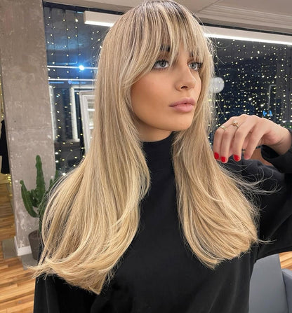 Blonde Ash Tone Long Straight Hair with Full Layered Bangs 100% Virgin Human Hair 13x6 Lace Front Wig