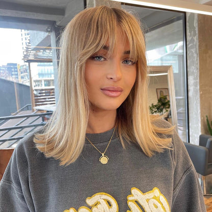 12” Long Bob Blonde Ash Tone Hair with Full Layered Bangs Softly Flipped 100% Virgin Human Hair 13x6 Lace Front Wig