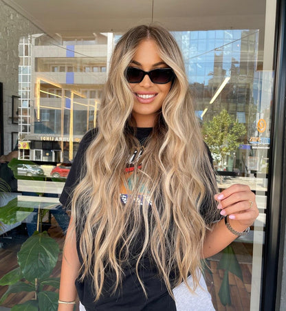 30” Warm Honey Blonde with Toasted Lowlights Natural Root Dimension Wavy Virgin Premium Human Hair HD Invisible 13x6 Lace Front Full Wig