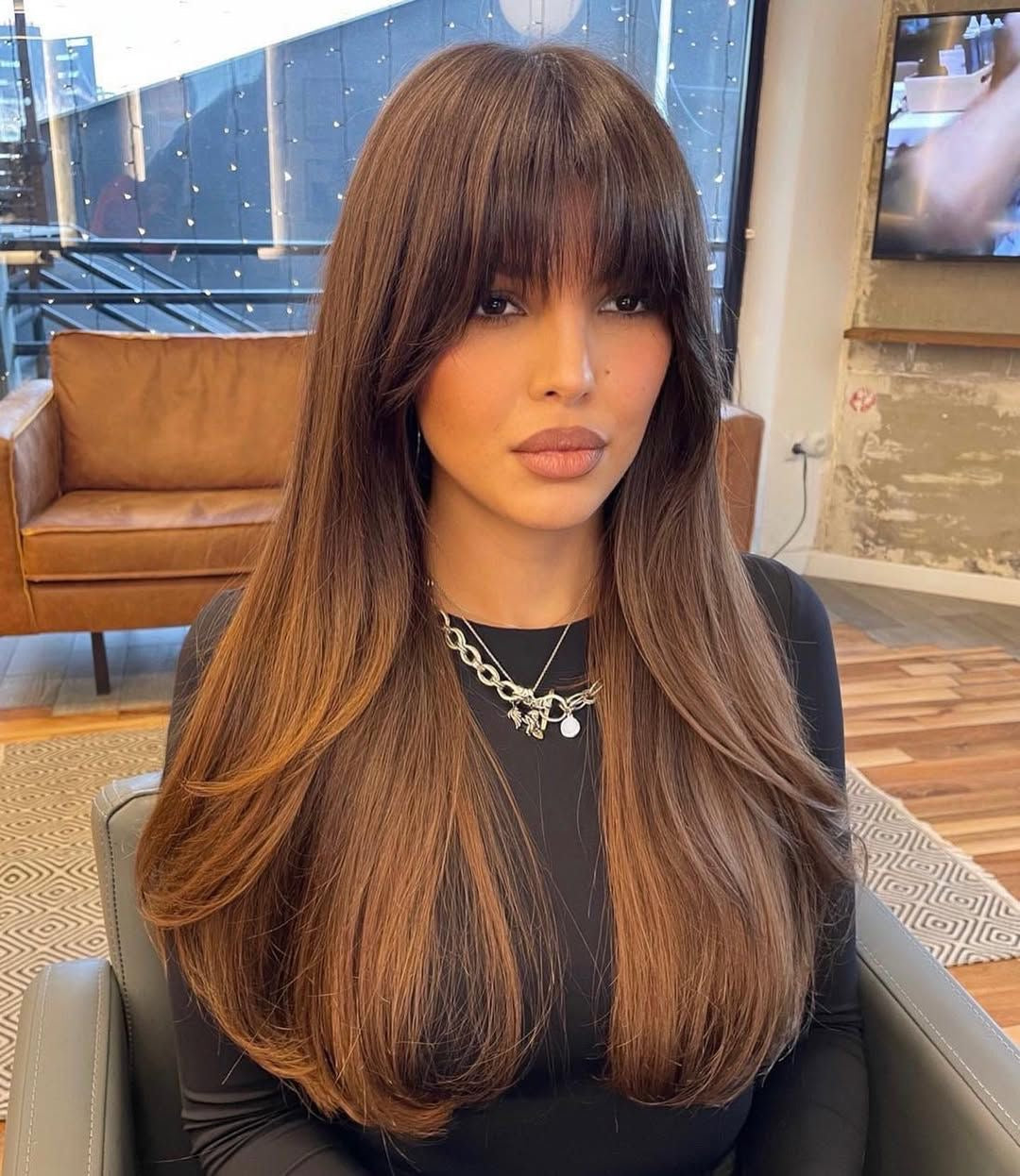 Dark Amber Brown Hair Chocolate Balayage Rooting Virgin Premium Human HairWig, 13x6 HD Invisible Lace Front Wig, Long Straight Hair with Full Bangs