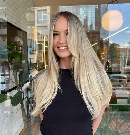 Lived In Light Natural Baby Blonde Virgin Human Hair Wig with Layered Curtain Bangs