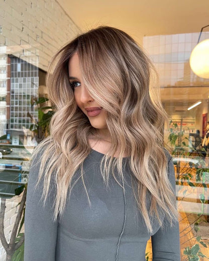 20” Cool Beige Blonde Balayage with Face Framing Layers 100% Virgin Human Hair Lace Front Premium Wig