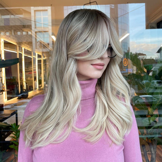 Vanilla Pearl Balayage Blonde Medium Length 16” Virgin Human Hair Luxury HD 13x6 Lace Front Wig with Layered Wispy Curtain Bangs for Round Face