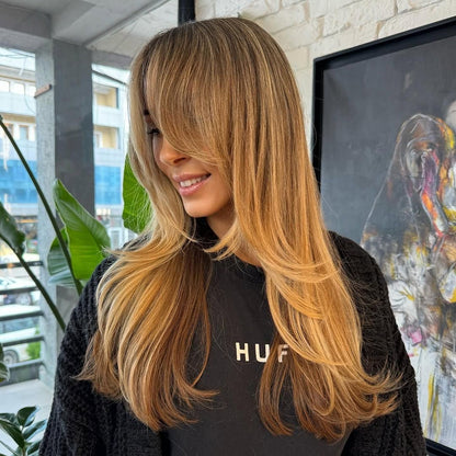 18” Honey Blonde Cowboy Copper Balayage Ombre Waterfall Wispy Bangs Wig, 13x6 HD Invisible Full Lace Front Wig, 100% Virgin Human Hair Wig