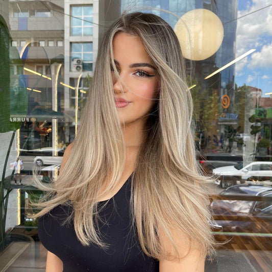 Ash Beige Blonde Balayage 20” Long Layered Blowout Style Virgin Human Hair Luxury Lace Front Wig
