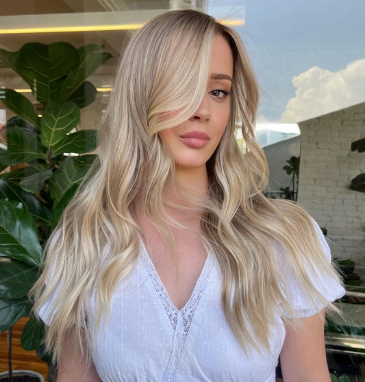 Cool California Blonde Bright Dimensional Balayage Luxury Human Hair Wavy Lace Front Wig