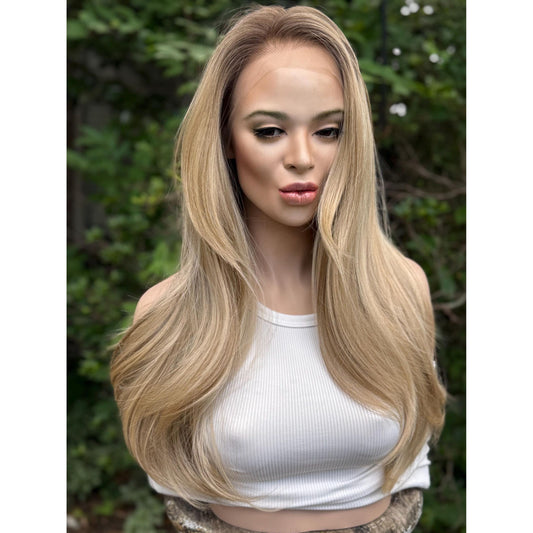 LAKELYNN Sugar Cookie Blonde Balayage Wig, Lace Front, 13x4 Hand-Tied, Human Hair Blend