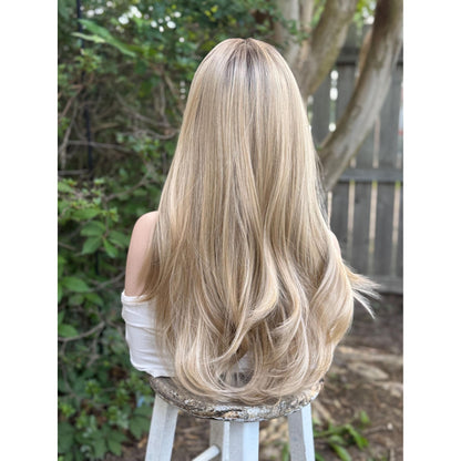 LAKELYNN Sugar Cookie Blonde Balayage Wig, Lace Front, 13x4 Hand-Tied, Human Hair Blend