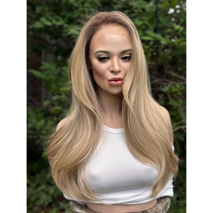 LAKELYNN Sugar Cookie Blonde Balayage Wig, Lace Front, 13x4 Hand-Tied, Human Hair Blend