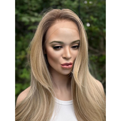 LAKELYNN Sugar Cookie Blonde Balayage Wig, Lace Front, 13x4 Hand-Tied, Human Hair Blend