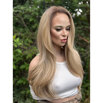 LAKELYNN Sugar Cookie Blonde Balayage Wig, Lace Front, 13x4 Hand-Tied, Human Hair Blend