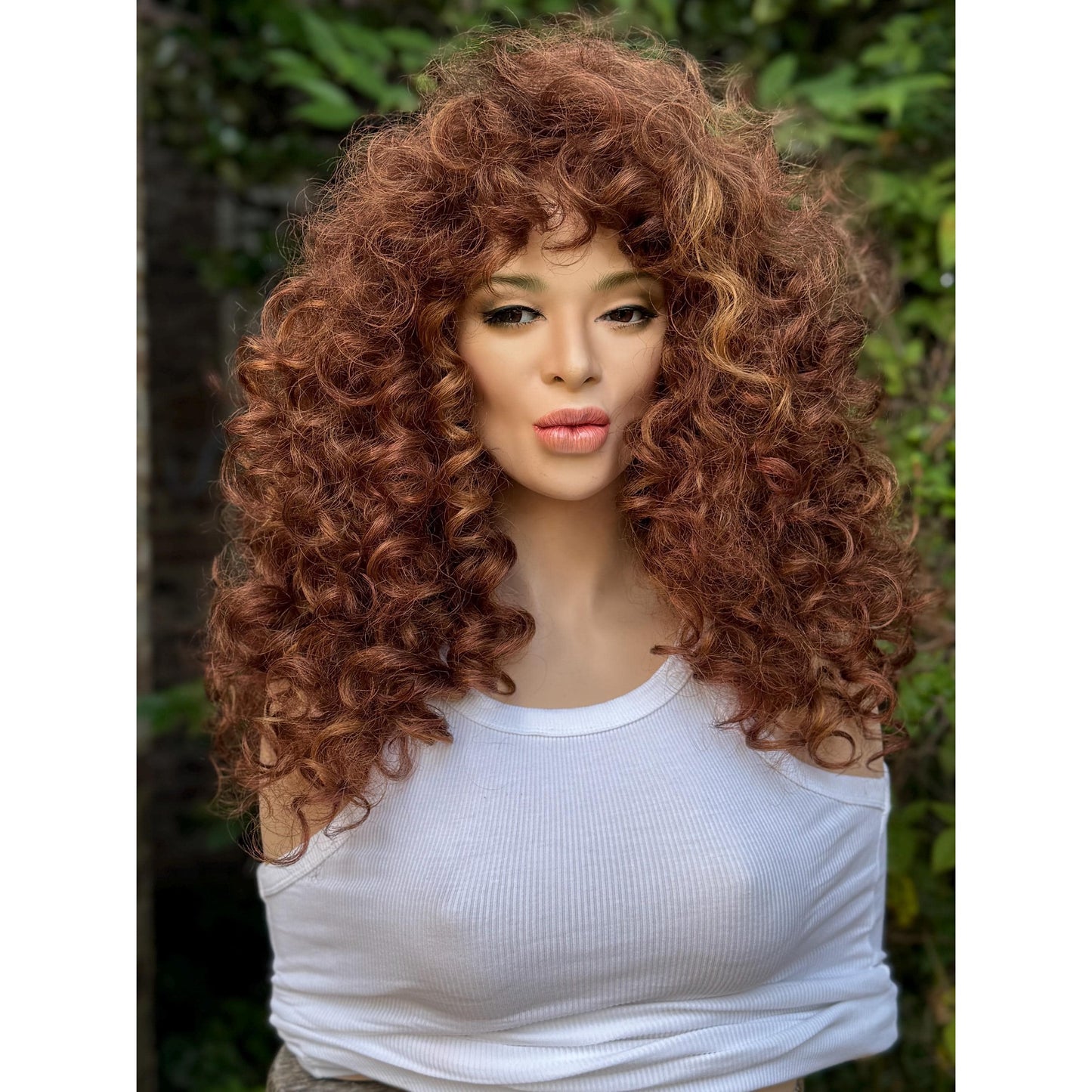 FRANCESCA Cowboy Copper Brown Blonde Highlights Wig, Lightweight Full Cap, Heat Safe Glueless Unit with Curly Bangs