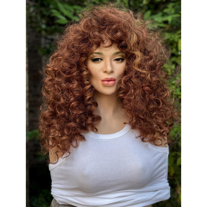 FRANCESCA Cowboy Copper Brown Blonde Highlights Wig, Lightweight Full Cap, Heat Safe Glueless Unit with Curly Bangs