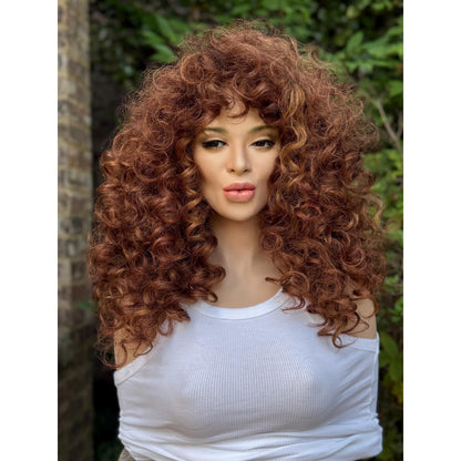 FRANCESCA Cowboy Copper Brown Blonde Highlights Wig, Lightweight Full Cap, Heat Safe Glueless Unit with Curly Bangs
