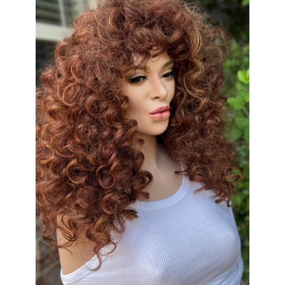 FRANCESCA Cowboy Copper Brown Blonde Highlights Wig, Lightweight Full Cap, Heat Safe Glueless Unit with Curly Bangs