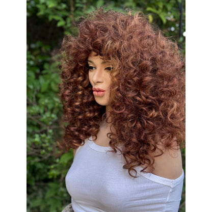 FRANCESCA Cowboy Copper Brown Blonde Highlights Wig, Lightweight Full Cap, Heat Safe Glueless Unit with Curly Bangs