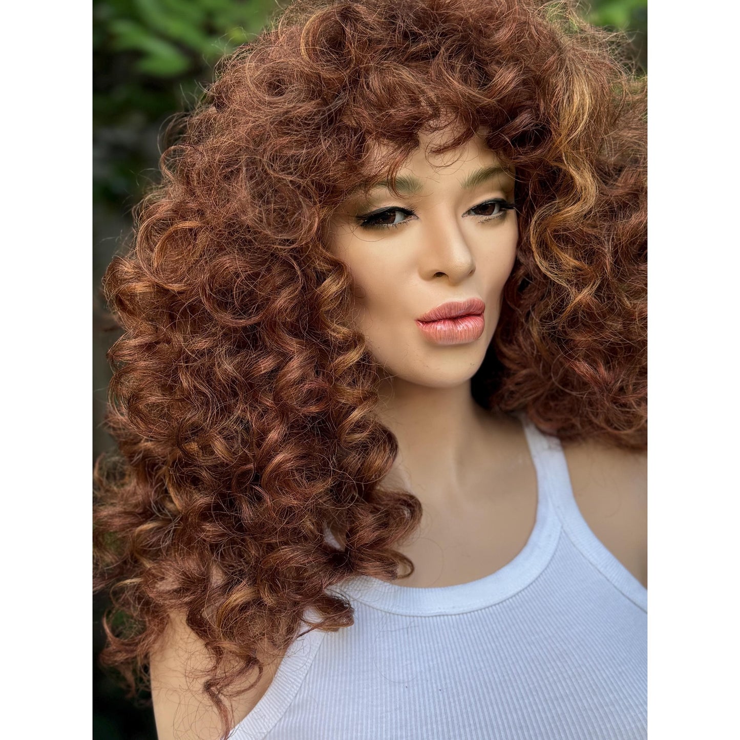 FRANCESCA Cowboy Copper Brown Blonde Highlights Wig, Lightweight Full Cap, Heat Safe Glueless Unit with Curly Bangs