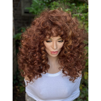 FRANCESCA Cowboy Copper Brown Blonde Highlights Wig, Lightweight Full Cap, Heat Safe Glueless Unit with Curly Bangs