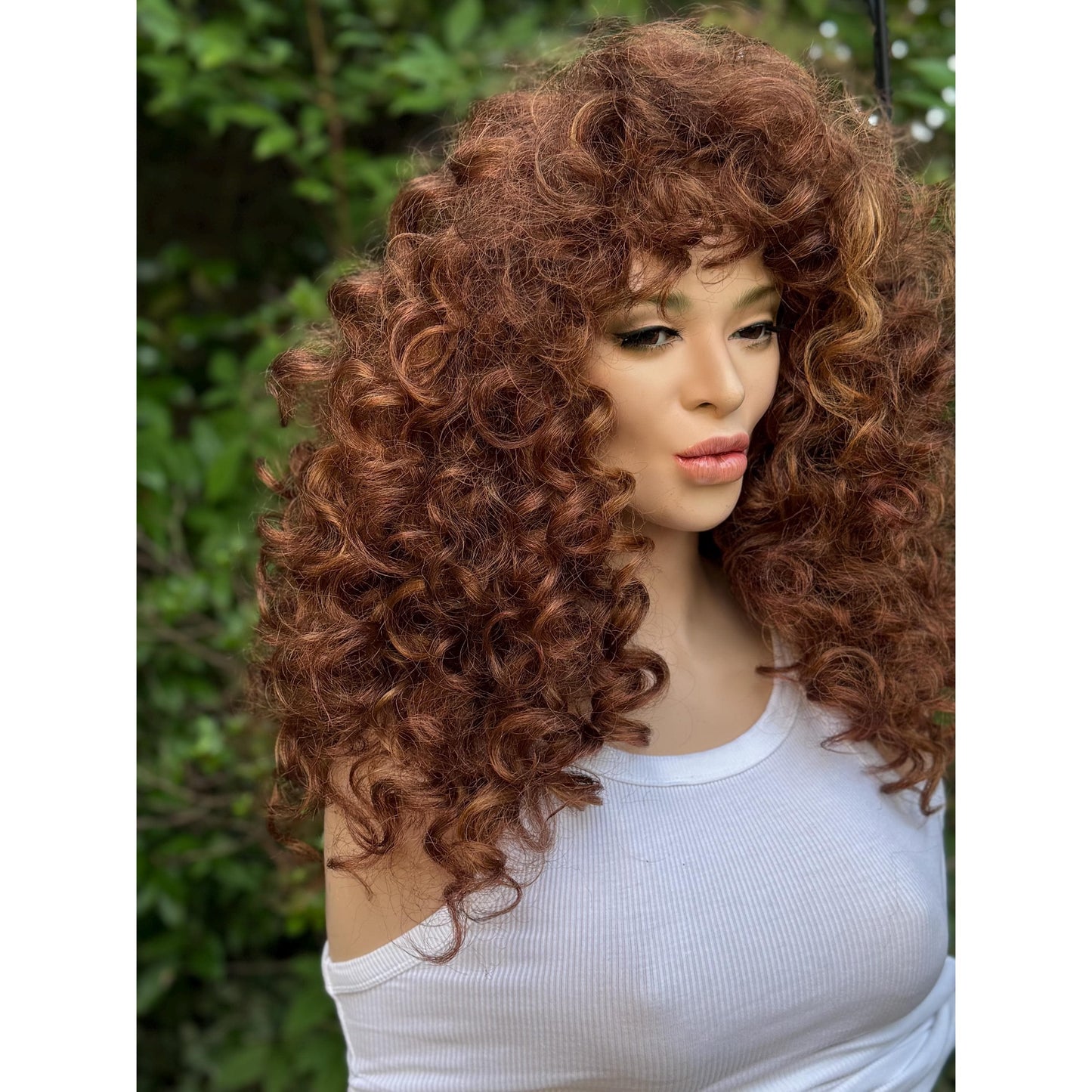 FRANCESCA Cowboy Copper Brown Blonde Highlights Wig, Lightweight Full Cap, Heat Safe Glueless Unit with Curly Bangs