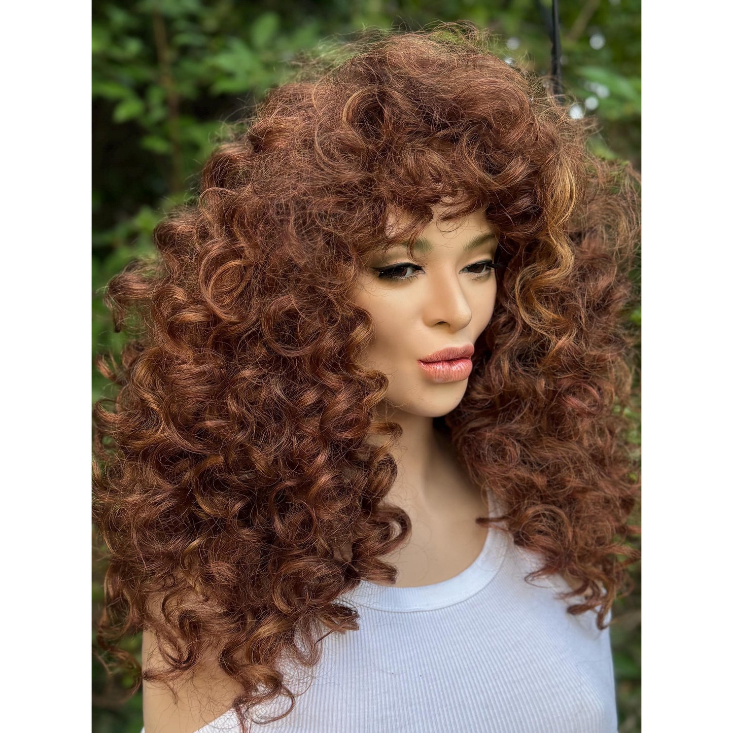 FRANCESCA Cowboy Copper Brown Blonde Highlights Wig, Lightweight Full Cap, Heat Safe Glueless Unit with Curly Bangs