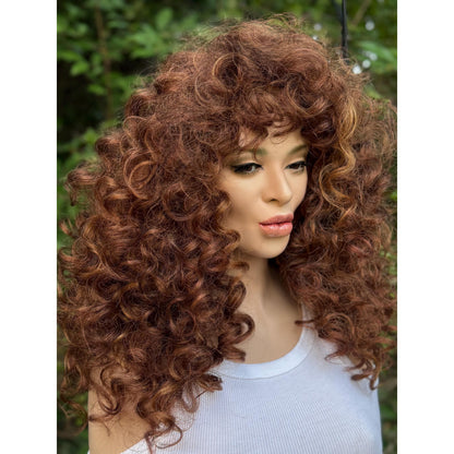 FRANCESCA Cowboy Copper Brown Blonde Highlights Wig, Lightweight Full Cap, Heat Safe Glueless Unit with Curly Bangs