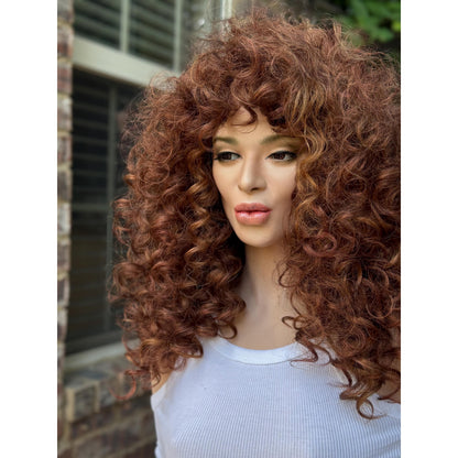 FRANCESCA Cowboy Copper Brown Blonde Highlights Wig, Lightweight Full Cap, Heat Safe Glueless Unit with Curly Bangs