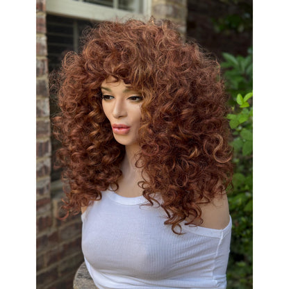 FRANCESCA Cowboy Copper Brown Blonde Highlights Wig, Lightweight Full Cap, Heat Safe Glueless Unit with Curly Bangs