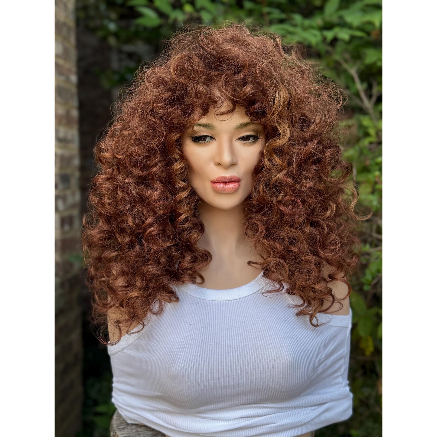 FRANCESCA Cowboy Copper Brown Blonde Highlights Wig, Lightweight Full Cap, Heat Safe Glueless Unit with Curly Bangs